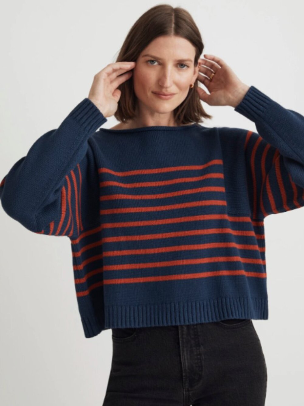 Madewell Rolled-Neck Pullover Sweater navy red Stripe Size M NWT